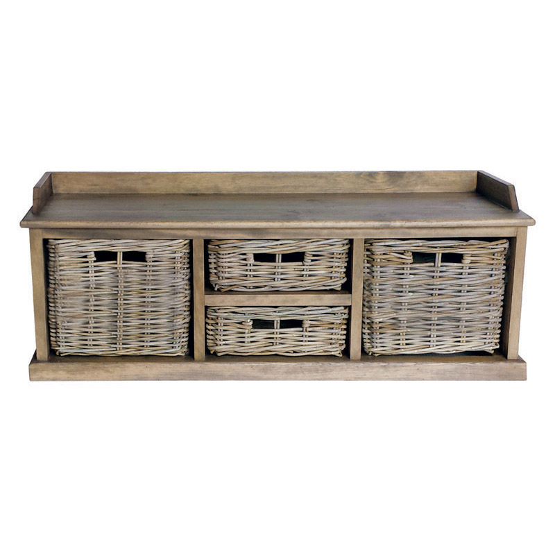 Maya Rattan Grey Wash Low Storage Unit 4 Baskets